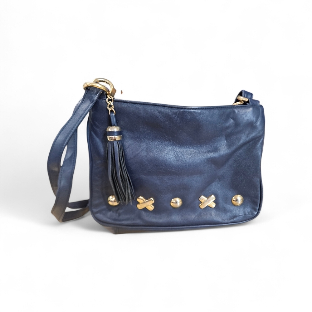 Vintage FIRST EDITION Navy Leather Crossbody Bag Gold Hardware Tassel.